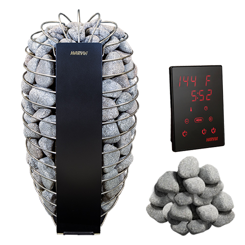 Harvia Spirit SP90E 9kW black electric sauna heater with open stone cage and curved steel frame