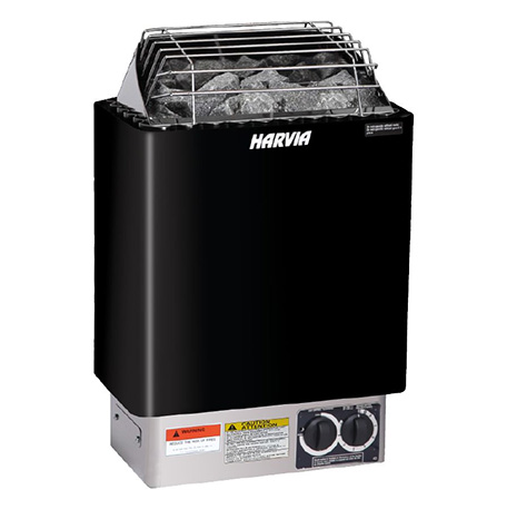 Harvia KIP60B 6kW wall-mounted sauna heater with built-in controls available in stainless steel and black finishes