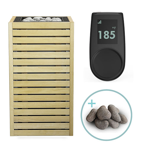HUUM CORE Alder sauna heater package showing pre-fitted alder wood side panels with stainless steel frame and UKU Local Black control