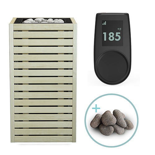 HUUM CORE Aspen sauna heater package showing pre-fitted pale aspen wood panels with stainless frame and UKU Local Black control