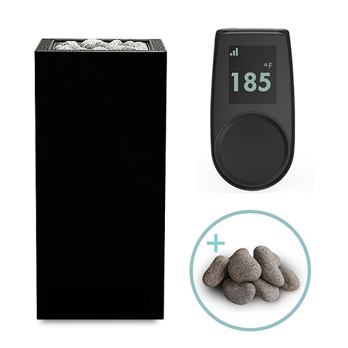 HUUM CORE Black sauna heater package showing matte black exterior, UKU Local Black control, and compact square footprint