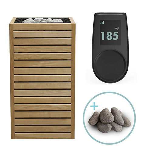 HUUM CORE Thermo-Aspen sauna heater package showing pre-fitted dark thermo-aspen wood panels with stainless frame and UKU Local Black control