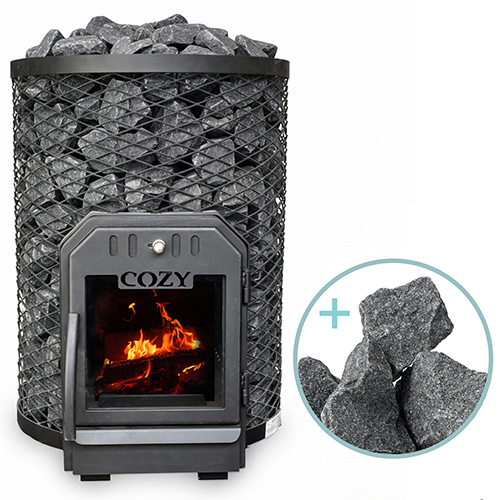 Cozy Heat O 12kW wood-burning sauna stove package with circular rim design and split-faced stones