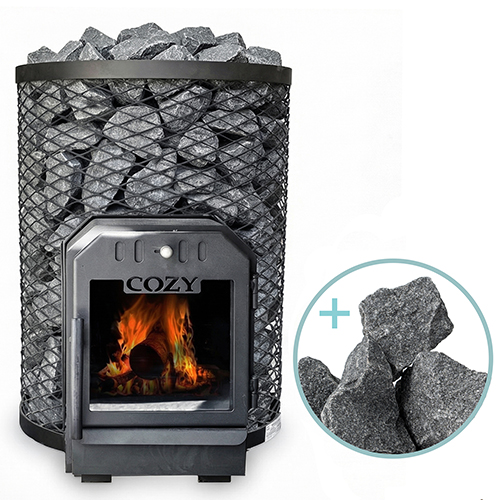 Cozy Heat O Through-Wall 12kW wood-burning sauna stove package showing circular rim inside sauna with through-wall firebox