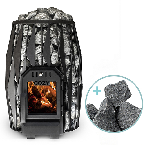 Cozy Heat OG 12kW wood-burning sauna stove package with contemporary trilateral design and split-faced stones
