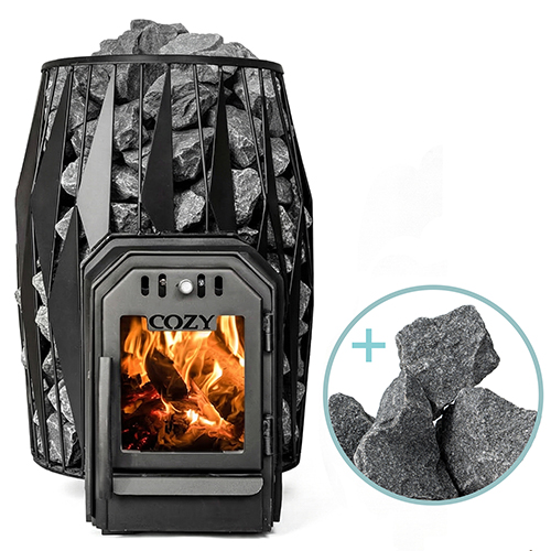 Cozy Heat OG Through-Wall 12kW wood-burning sauna stove package showing contemporary trilateral design inside sauna with through-wall firebox