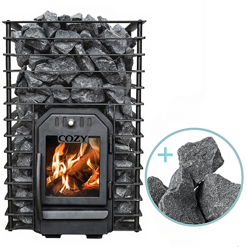 Cozy Heat Quattro 12kW four-sided wood-burning sauna stove package with large viewing window and split-faced stones