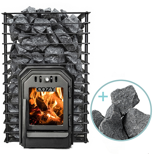 Cozy Heat Quattro Through-Wall 12kW four-sided sauna stove with large viewing window and through-wall firebox installation