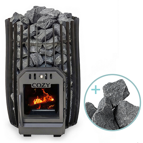 Cozy Heat SW 12kW cylindrical wood-burning sauna stove package with sleek rounded column design and split-faced stones