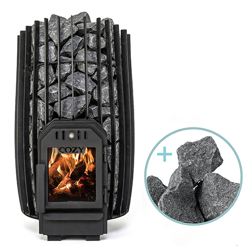 Cozy Heat SW Through-Wall 12kW cylindrical wood-burning sauna stove package with through-wall firebox installation