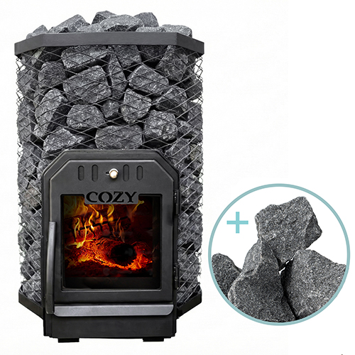Cozy Heat 12kW wood-burning sauna stove package with split-faced stones - floor-standing stainless and steel construction
