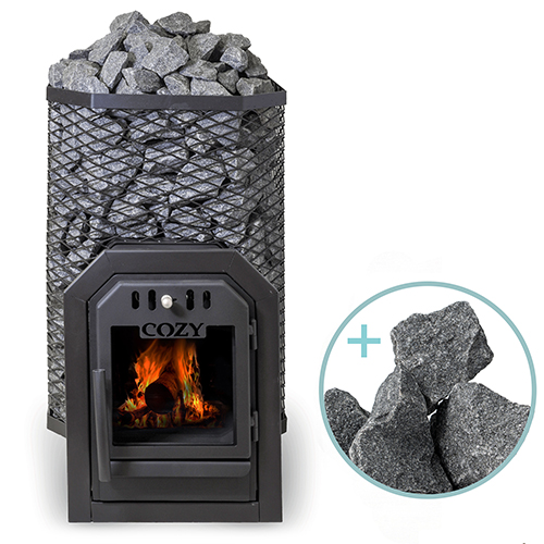 Cozy Heat Through-Wall 12kW wood-burning sauna stove package showing through-wall installation with stone mass inside sauna